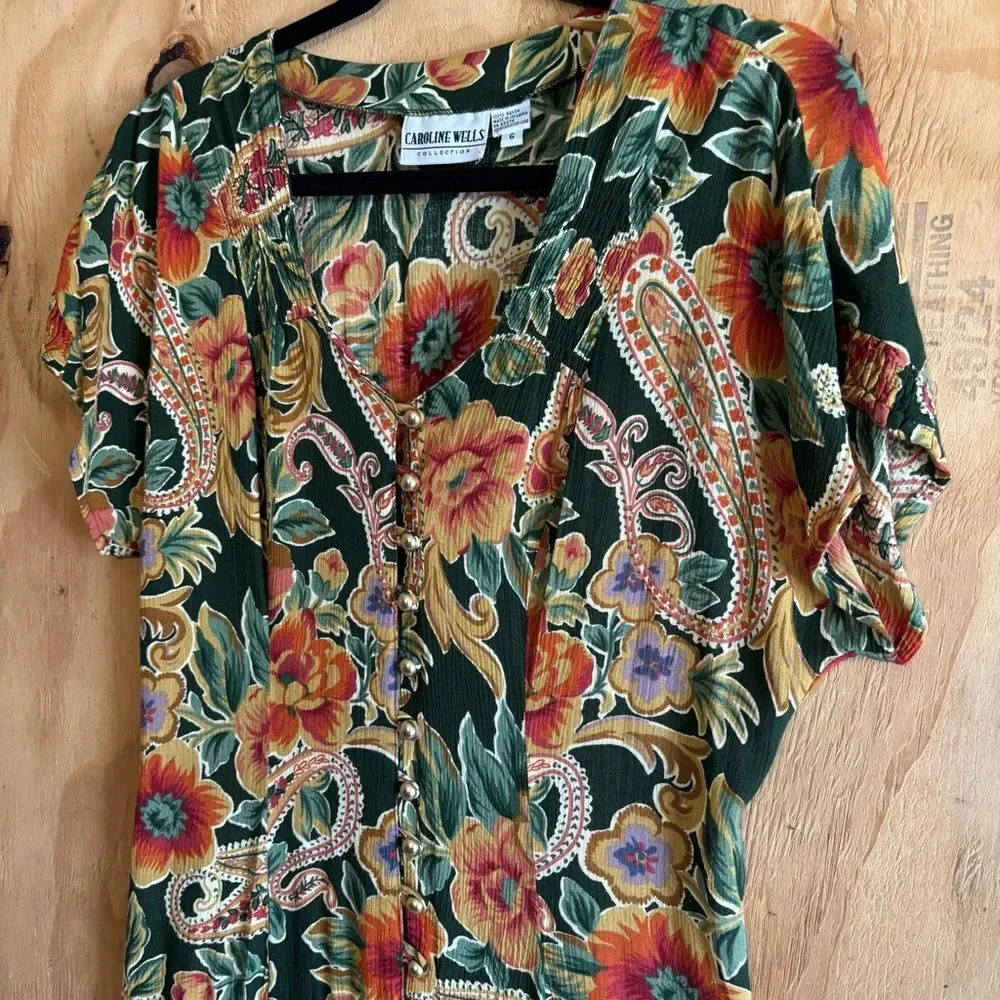 Vintage Caroline Wells 90s Button Down Floral Prairie Rayon Dress Sz 6 - Picture 2 of 5